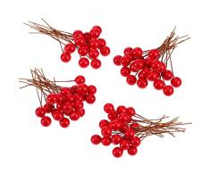 BBTO Berries Houx Artificiels, 100 Pièces Mini 10 mm Fake Berries Décoration sur Fil pour la Décorations dArbres de Noel Couronne de Fleurs Utilisation Artisanale Bricolage (Rouge)