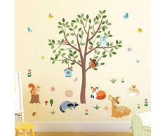 decalmile Stickers Muraux Animaux Forêt Arbre Autocollant Mural Hibou Cerf Écureuil Renard Décoration Murale Chambre Enfants Bébé Pépinière