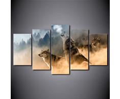 FJLOVE Impression Giclée en Image Yeux De Loup Vigilant dans La Nature Peinture sur Toile 5 Pieces Déco dart Murale Tableau Artistique Contemporain,Frameless+A,100X50cm