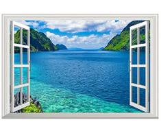 Stickers Muraux Fenêtre Sticker Mural Fenetre Trompe loeil Ouverte Poster Paysage deau de mer 50 x 70 cm