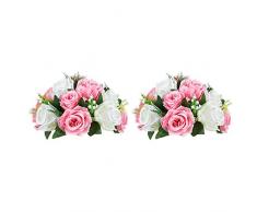 Nuptio 2 Pièces Fleurs Artificielles, 15 Têtes de Roses Plastique avec Base, Convient au Centre de la Table Mariage Notre Magasin pour Les Fêtes Décoration de Saint Valentin(Rose&Blanc)