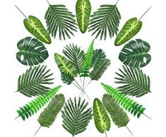 Auihiay 72 feuilles de palmier tropical artificiel 7 sortes avec tiges feuilles tropicales fausses feuilles de jungle pour décorations de fête hawaïenne Luau Jungle décorations de fête prénatale