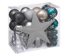 WEB2O Lot déco Noël - Kit 44 pièces pour décoration Sapin : Guirlandes, Boules et Cimier - Thème Couleur : Argent, Or, Noir et Bleu