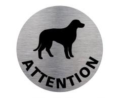 Adhésif dInformation Attention Au Chien - Aspect Plaque Aluminium Brossé - Diamètre 83 mm