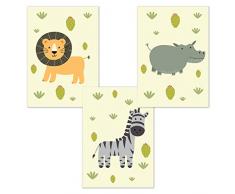 Set de 3 posters safari DIN A4 lion hippopotame zèbre pour chambre denfant et chambre de bébé, poster enfants décoration garçons et filles, tableau mural Afrique sans cadre, poster mural zoo