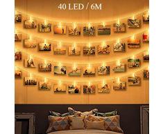 Guirlande Lumineuse Photo, Zorara 6M 40 LEDs Guirlande Led Interieur Chambre Fonctionne à Piles, Photo Clip Accroche Porte Photo Mural pour Mémos Photo, Fête, Décoration, Mariage (Blanc Chaud)
