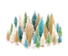 MEJOSER 32 PCS Sapin de Noël Miniature Artificiel Mini Arbre de Noël Base en Bois 4 Couleur pour Noël DIY Vitrine Table Décoration (Vert bleutée & Vert & Doré & Blanc)