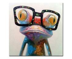 Fokenzary Peint à la main peinture à lhuile mignonne grenouille avec des lunettes sur toile tendue et encadrée moderne Pop Art mur de toile 16x16in