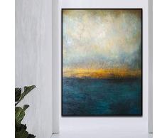 Orlco Art Original peinte à la main Bleu couteau à palette Doré et vert Grande Décor à lhuile abstraite Peinture sur toile Bleu et blanc, Toile, Abstarct, 32x48inch(80x120cm)