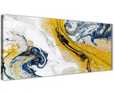 Toile abstraite pour salon Motif tourbillons Jaune moutarde et bleu, jaune, 120cm x 50cm