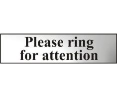 Centurion 6021C Panneau autocollant en PVC avec inscription « Please Ring For Attention » Effet chromé Blanc 200 x 50 mm
