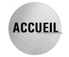 OFFORM Plaque de porte en acier inox brossé, pictogramme "Accueil" Ø 75 mm No.8701