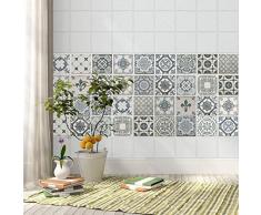 WALPLUS Autocollant Mural Amovible Auto-Adhésif Art Stickers Vinyle Maison Décoration DIY Salon Cuisine Chambre Décor Peint Cadeau Bleu Vintage Azulejo Carreaux - X 10 10 cm - 24 Pièces