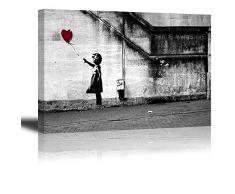 PIY Banksy Graffiti painting Art Décor Impression sur toile HD Image Peinture Tableaux de la Mur Imperméable prete à poser Décoration Moderne pour la Salle Chamber Fille Ballon Rouge 75x50cmx2.5cm