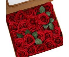 Ksnnrsng Mousse Rose Artificielles Fleurs Fausse Roses Faux Bouquet pour DIY fête Maison Mariage Décoration (25 pièces, vin Rouge)