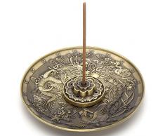 Jovivi Porte-encens en laiton – Encensoir avec fleur de lotus pour bâton et encensoir pour cône avec dragon et phénix, avec récupérateur de cendres