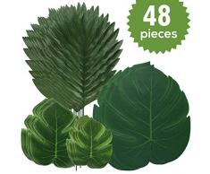 GLOBAL GOLDEN 48 Pcs 4 Genres Feuilles De Palmier Artificielle avec Monstera Feuilles Party Decor Hawaiian Luau Parti Fournisseurs Décorations, Plage danniversaire Table Laissez Décorations