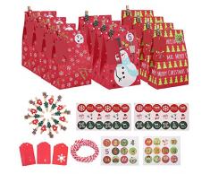Ulikey Sac Calendrier de lAvent à Remplir Noël en Papier Kraft avec 1-24 Chiffres Autocollants, 36 Autocollants, 24 Etiquettes Carte de Noël pour Bonbons Cadeaux de Noël