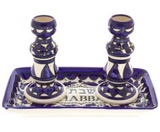 arménien Shabbat bougeoirs en céramique avec plateau, Bleu Motif de fleurs