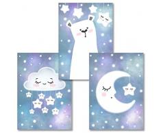 Rabano Art® set de 3 tableaux décoratifs pour chambre denfant ou bébé - animaux, lune, étoile - fille ou garcon - murales - affiche - poster