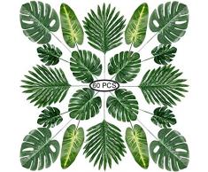 PietyPet Tropical Luau Party Décoration Fournitures, 60 Pcs 5 Genres Feuilles De Palmier Artificielle avec Tige, Monstera Tropicales pour Articles de Fête Hawaïenne Luau Jungle à Thème Plage
