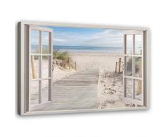 Tableau sur Toile XXL Fenetre Vue 3D Art Image Deco Plage Beige 120x80 cm