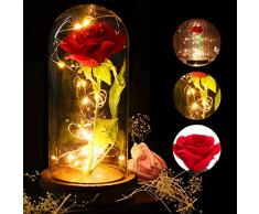 JUSTDOLIFE Rose Eternelle sous Cloche, Rose sous Cloche, Ornement de Bureau de Noël Faux Rose Abat-Jour en Verre LED Ornement de Bureau Décor à la Maison
