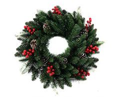 IVYSHION Couronne Décoration de Noël, 50cm Guirlande de Sapin de Noël Artificielles Fait à Main Couronne de Fleurs avec Baies Rouges et Pommes de Pin Décoré pour Porte, Mur ou Fenêtre, Cheminée