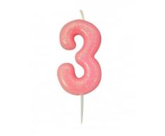 Bougie anniversaire rose pailleté chiffre 3