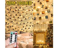 Guirlande Lumineuse Exterieur Photo LED Pile - 10M 100LED Guirlande Porte Photo Mural Guirlande Pince Lumineuse Interieur Chambre Accroche Photo Clip
