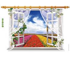 Stickers Muraux Fenêtre Sticker Mural Fenetre Trompe loeil Ouverte Poster Mer de fleurs 60 x 90 cm