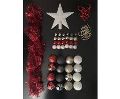 Lot déco Noël - Kit 44 pièces pour décoration sapin : Guirlandes, Boules et Cimier - Thème couleur : Blanc, Rouge, Or et Gris