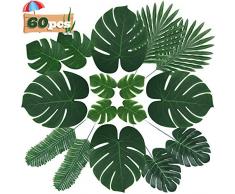 Zhou-long Lot de 60 Feuilles artificielles de Palmier Tropical, Feuilles de Monstera avec tiges pour décorations de Safari ou de fête Tropicale