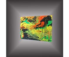 Tableau abstrait Action painting vert jaune rouge à l'acrylique. Peinture aléatoire toile 40cmx30cm. Art abstrait peintre Goartdeco. Deco salon, chambre.