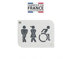 Plaque de porte design toilettes trio hommes/femmes/handicapés PMR - Pictogramme WC homme/femme/PMR - Blanc/Gris - 3