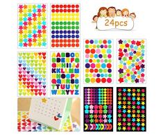 BELIOF 24 Feuilles de Gommettes Multicolores en Étoile Fleurs Cercle Stickers Autocollants Rond de Couleurs pour Enfants Adultes DIY Scrapbooking Album de Photo Cahier de Note