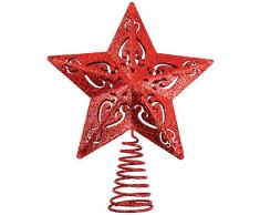 Aneco Cimier de Sapin de Noël en métal à 5 Branches Étoile à Paillettes 20,3 cm 8 inches Rouge