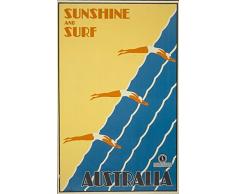 Le Poster Collective Vintage Sunshine et Surf Australie plongée Art Deco Poster de Voyage 59.4 cm x 84.1 cm Format A1 Impression de qualité, Bois, Multicolore, 84.1 x 59.4 x 84.1 cm