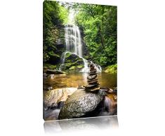Pierres Zen Devant la Cascade Photo sur Toile | Taille: 80x60 cm | Peinture Murale | Art Print | prêt Couvert