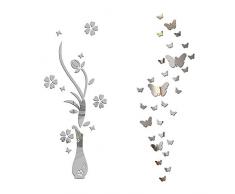 MEJOSER Ensemble Miroir Stickers Muraux Autocollant Mural Vase à Fleurs Papillon en Acrylique (Argenté)