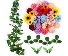 ETEREAUTY Artificielles Fleurs, 47 Pièces Déco Fleurs avec Vigne et Feuilles, 5 Variétés de Fleurs Rose, Tournesol, Dahlia, Hortensia, Chrysanthème - Parfait pour le Cadeau de Bricolage