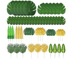 Auihiay Lot de 60 feuilles de palmier artificielles 12 sortes, feuilles tropicales dorées avec tiges fausses feuilles de jungle pour décorations de fête hawaïenne Luau pour fête prénatale ou mariage