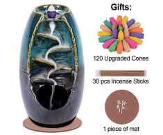 SPACEKEEPER Porte-encens à Contre-Courant Brûleur dencens Cascade, Ornement en céramique pour aromathérapie avec 120 cônes dencens à Contre-Courant + 20 bâtonnets dencens, Bleu