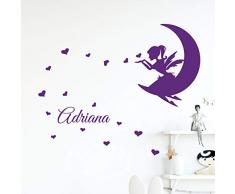 Stickers Prénom Personnalisé | Sticker Autocollant Fée sur la Lune - Décoration Murale Chambre Enfant | 2 Planches de 30 x 20 cm et 60 x 25 cm – Violet
