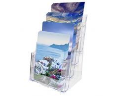 Porte-Brochure A4 - Présentoir de Table pour Prospectus - 4 Niveaux en Acrylique Transparent - H34,5 x L23 x P17cm - Trous Support Mural, Dépliants, Fascicules, Magazines et Catalogues