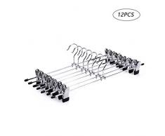 Amber Home EU Cintre Métal pour Pantalon et Jupe Finition Chrome avec Antidérapant Réglable Clips Lot de 12