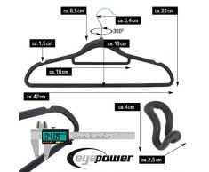 Eyepower 20 Anti Dérapant Lot DE 10 Crochets cintres Organizer Caoutchouc cintres E-Plumb en Plastique à économie d'espace Gris