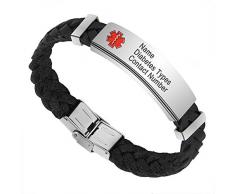 Personnalisé dalerte médical pour Bracelet femmes hommes, bracelet en cuir pour homme gravure détails médicaux ID nom numéros allergie SOS bracelets de sensibilisation avec boîte-cadeau (Black, 20)