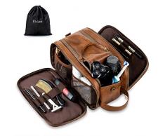Trousse de Toilette Cuir Imperméable de Voyage pour Hommes Maquillage Organisateur Grande Capacité Sac à Cosmétiques avec Étanche Sac Sec Humide (Marron)