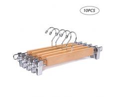 Amber Home EU Lot de 10 cintres Bois Gugertree pour Pantalons, Jupes, Jeans, Pantalons avec 2 Clips Anti-Rouille Finition Lisse de Couleur Naturelle